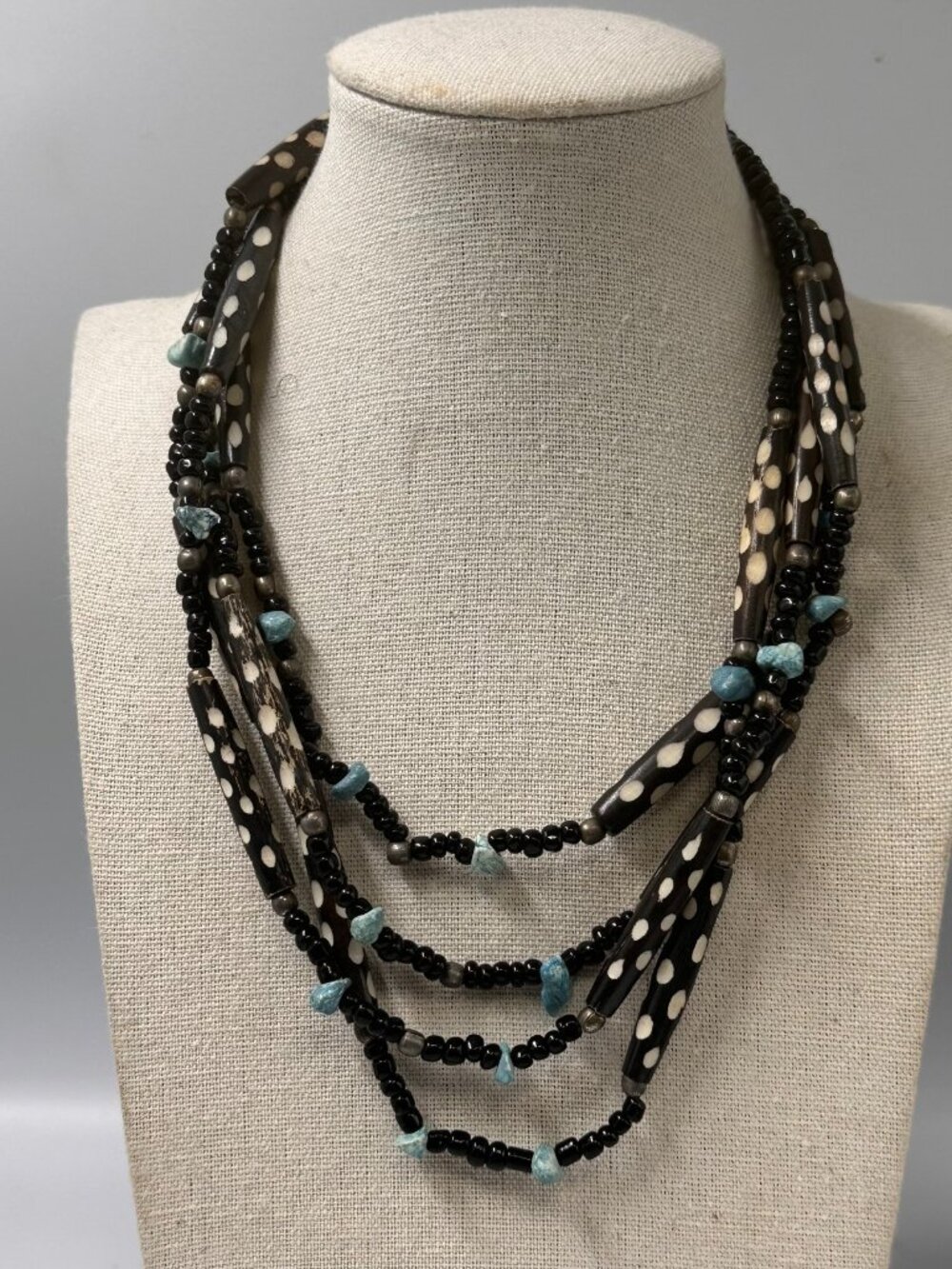 African Batik Print Statement Necklace Multi Strand Turquoise Chip Beaded